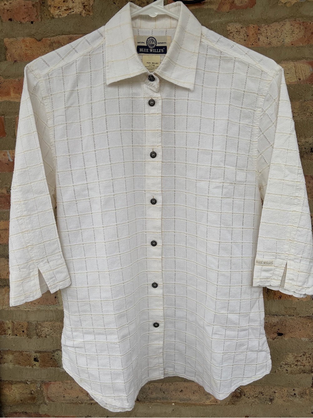 VTG Blue Willi’s Cream Textured ButtonUp Shirt Blouse L Career Office Academia